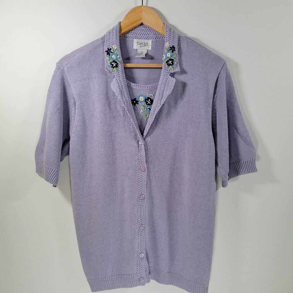 Vintage TEDDI Lavender Floral Knit Top Size L Embroidered Cotton Purple Granny
